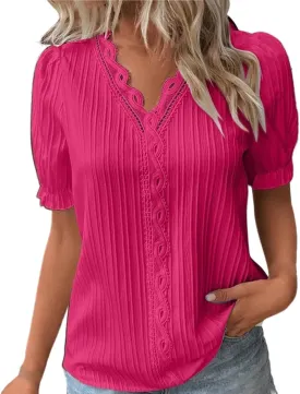 Women's Elegant Lace V Neck Tops Summer Petal Short Sleeve Dress Shirts Plus Size Business Casual Blouses