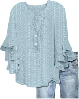 Women's Eyelet Embroidery Poncho Tops Half Sleeve Tops Dressy Casual Flowy Shirt Ruffles Hem Trendy Elegant Blouse