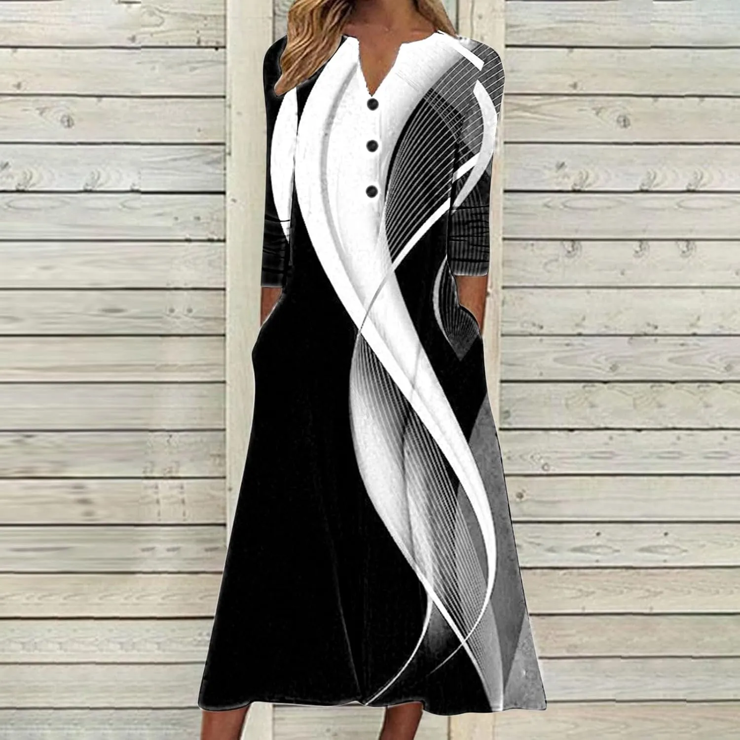 Women's Formal Dresses Autumn and Winter Dress Casual Printed Tube Long Sleeve V-Neck Button Dress, S-2XL
