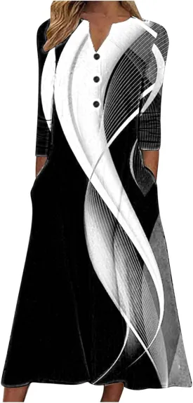 Women's Formal Dresses Autumn and Winter Dress Casual Printed Tube Long Sleeve V-Neck Button Dress, S-2XL