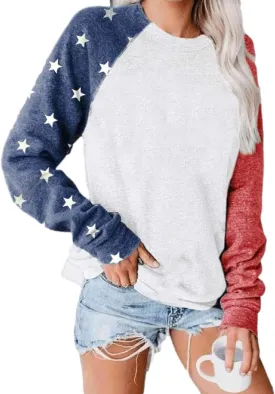 Womens Star Print Colorblock Shirt Long Sleeve American Flag 4th of July Pullvoer Blouse Tops