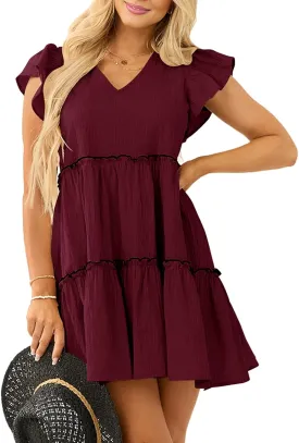 Womens Summer Babydoll Mini Dress V Neck Tie Back Ruffle Sleeve Casual Tiered Loose Flowy Swing Tunic Shift Dress
