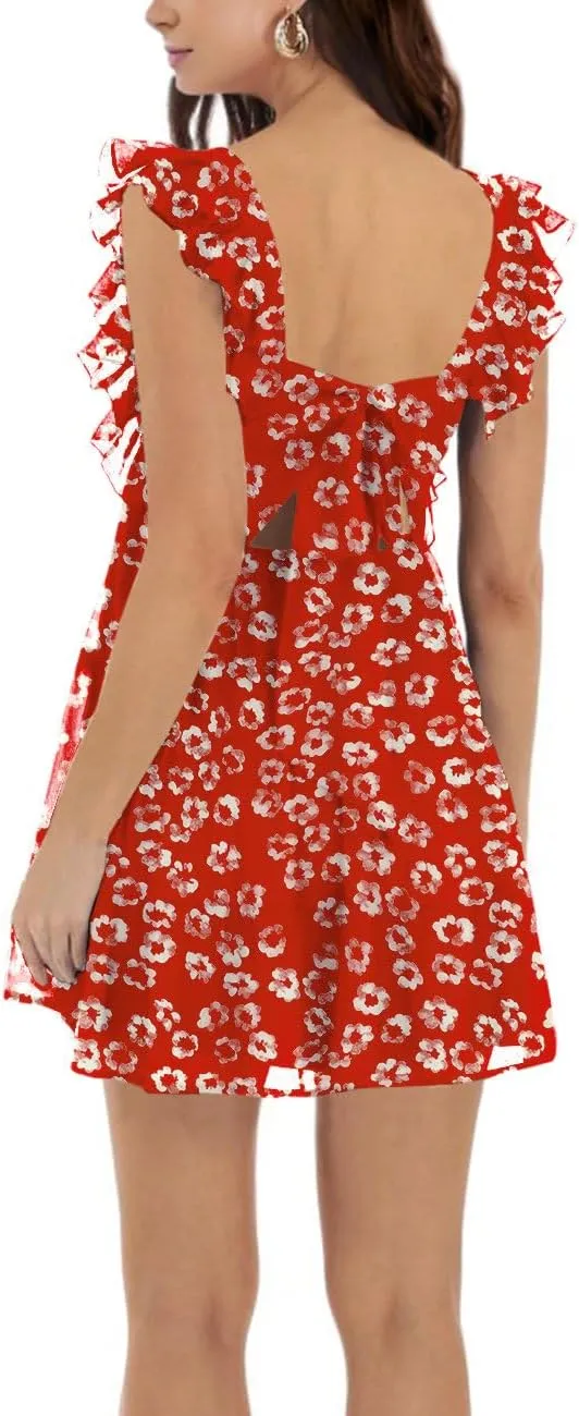 Womens Summer Square Neck Tie Back Ruffle Sleeve Tiered Casual A-Line Short Mini Dress