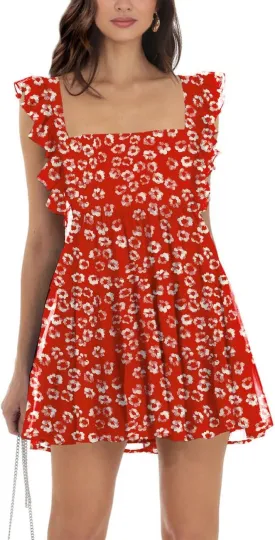 Womens Summer Square Neck Tie Back Ruffle Sleeve Tiered Casual A-Line Short Mini Dress