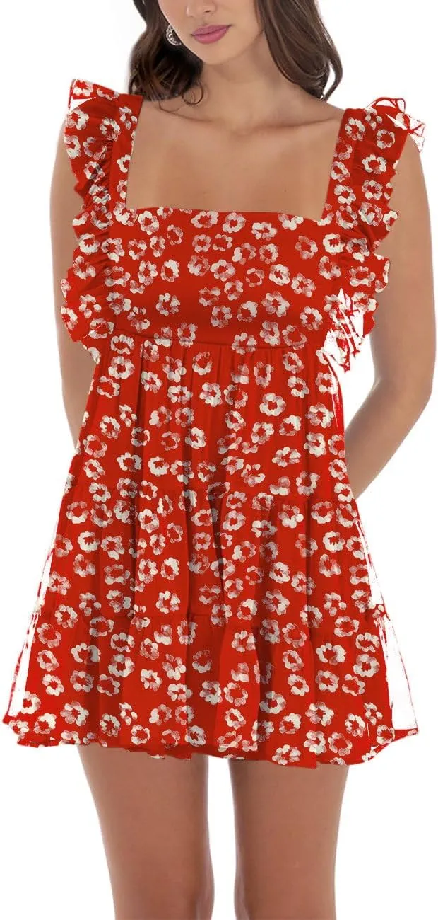 Womens Summer Square Neck Tie Back Ruffle Sleeve Tiered Casual A-Line Short Mini Dress