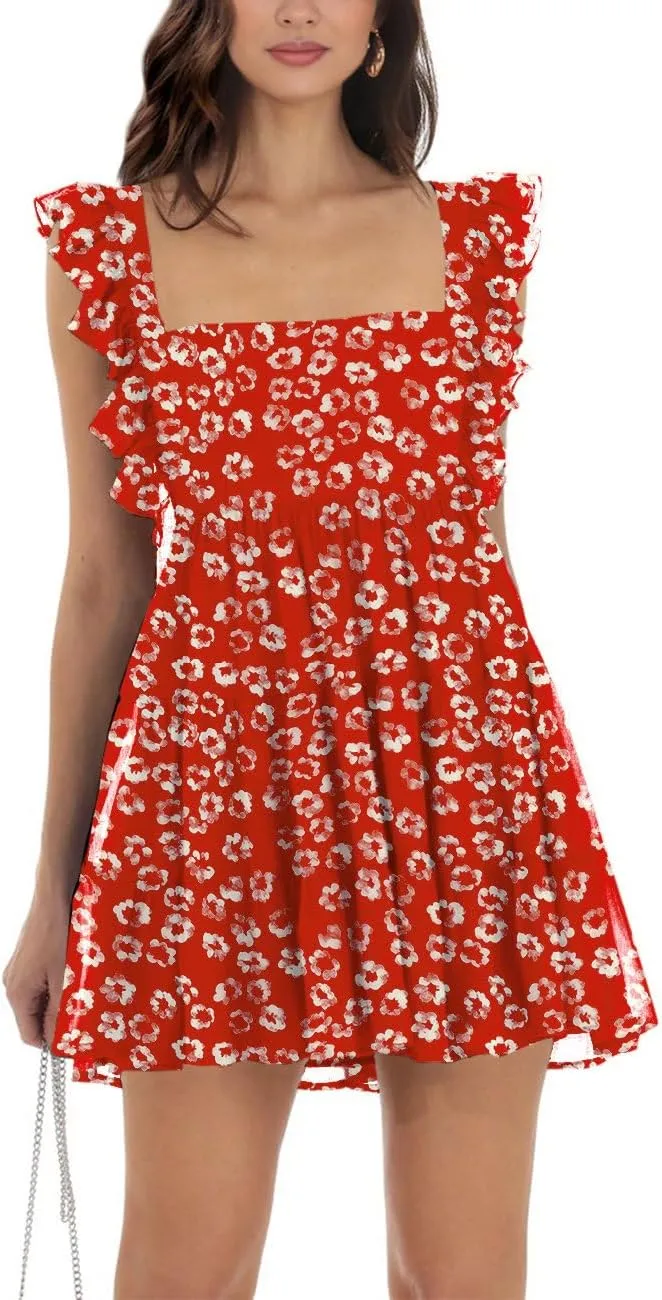 Womens Summer Square Neck Tie Back Ruffle Sleeve Tiered Casual A-Line Short Mini Dress