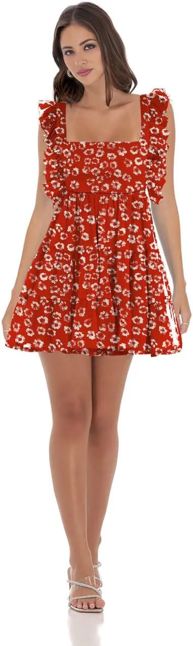 Womens Summer Square Neck Tie Back Ruffle Sleeve Tiered Casual A-Line Short Mini Dress