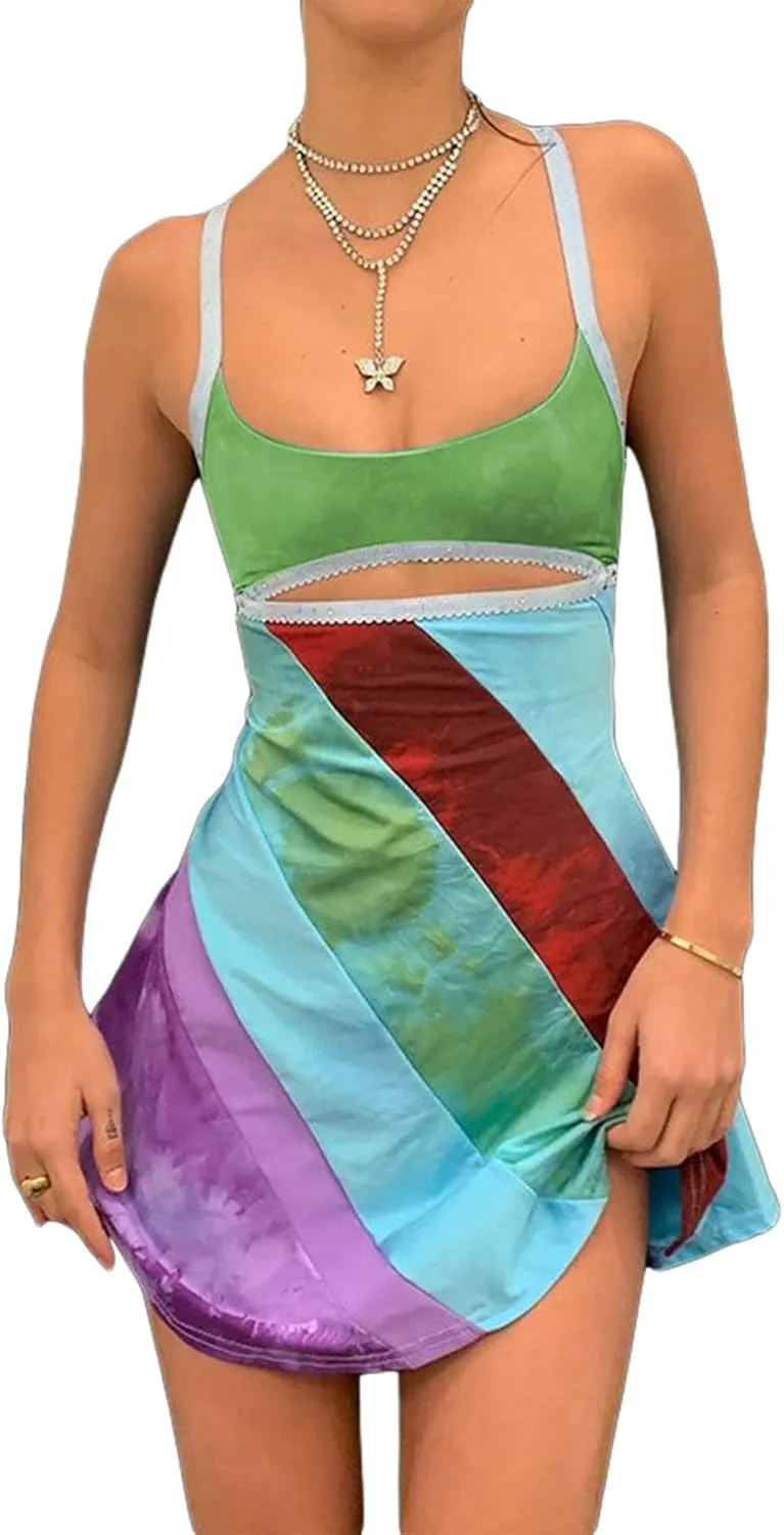 Women's Vintage Print Semi-Sheer Sheath Dress 2004s Fashion Bodycon Mini Slip Dress Retro Bandana Print Fitted Strap Dress